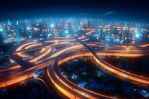 3d illustration of a highway in the city at night with lights Ai Generative photo