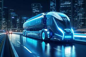 3d rendering of a delivery van with neon lights on the road photo