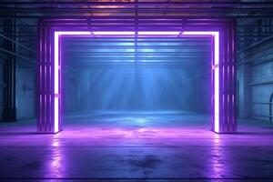 Futuristic corridor with glowing neon lights. 3D rendering. photo