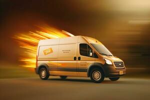 Van on the road with motion blur background. 3d illustration. Ai Generated photo