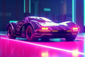 Retro car in neon light on dark background. 3d rendering Ai Generated photo