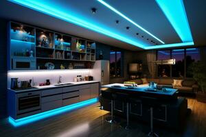 Interior of a modern kitchen with blue and purple neon lighting. 3d rendering photo