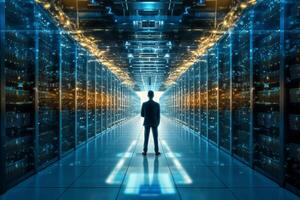 Back view of young man in datacenter server room. Data center concept. photo