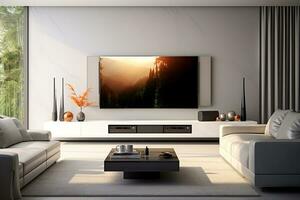 Modern interior of living room with tv screen. 3D Rendering Ai Generated photo