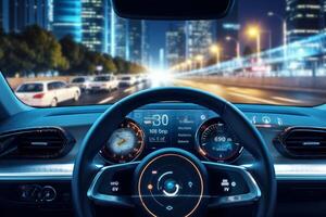 ver de el noche ciudad desde el dentro de el coche. conducción concepto. ai generativo foto