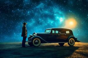 Rear view of man looking at old car on night sky background photo