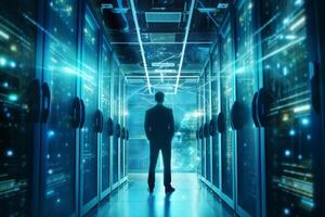 Back view of young man in datacenter server room. Data center concept. photo