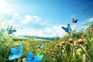 Spring meadow with flowers and butterflies. Nature background. 3d rendering Ai Generative photo