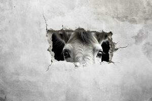 White donkey peeking out of a hole in a gray wall. Ai Generative photo