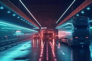 3d representación de un entrega camioneta con neón luces en el la carretera ai generativo foto