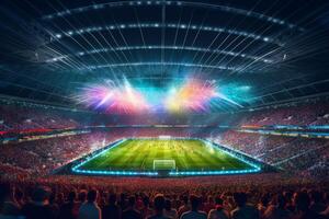 digital fútbol americano o fútbol estadio a noche con multitud de aficionados. 3d representación ai generado foto