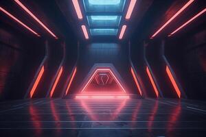 3d rendering. Futuristic corridor with glowing neon lights. Sci-fi interior photo