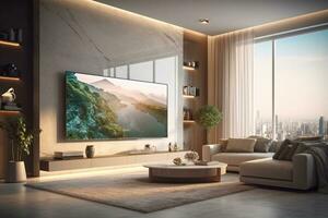 Modern living room interior design with tv screen on concrete wall. 3D Rendering  Ai Generative photo