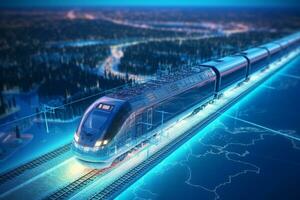 High speed train on the background of the city at night. 3d rendering Ai Generative photo