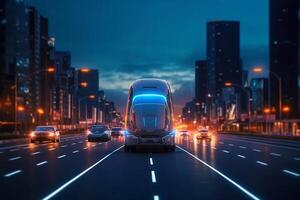 3d rendering of a delivery van with neon lights on the road photo