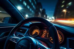 View of the inside of a modern car in the night. 3d rendering Ai Generated photo