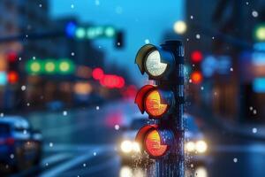 Traffic signal light in the city at night. 3d rendering. Ai Generated photo