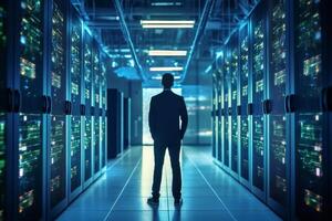 Back view of young man in datacenter server room. Data center concept. photo