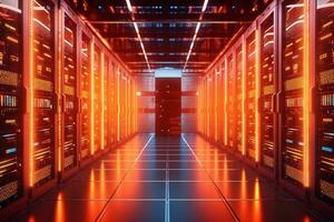 Server room data center. 3d rendering toned image double exposure photo