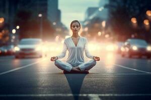 joven mujer practicando yoga en el la carretera en el ciudad a noche. ai generado foto