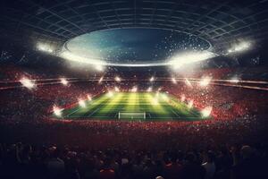 Digital Football or soccer stadium at night with crowd of fans. 3D rendering Ai Generated photo