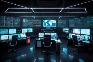 Interior of a control room with computers and screens. 3D rendering photo