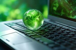 laptop with earth globe on wooden table and green bokeh background Ai Generative photo