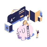 large piggy bank in the form of a pig on a white background, open purse, financial services, small bankers are engaged in work, saving or accumulating money vector