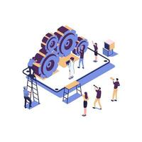 little people links of mechanism, business mechanism, abstract background with gears, people are engaged in business promotion, strategy analysis, communication vector