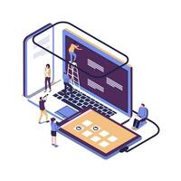 vector, illustration of the concept of web page design and development of mobile websites, small people are working on creating a website, applications, transferring information vector