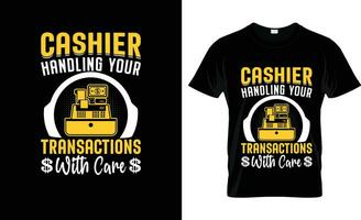 cashier handling your transactions with colorful Graphic T-Shirt,  t-shirt print mockup vector