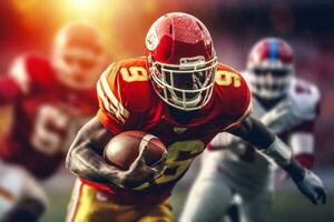 American football player in action on the field. 3d rendering. Ai Generated photo