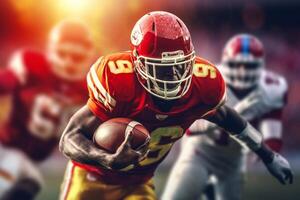 American football player in action on the field. 3d rendering. photo