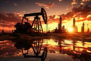 Oil pumps in oilfield at sunset. 3d render illustration. photo