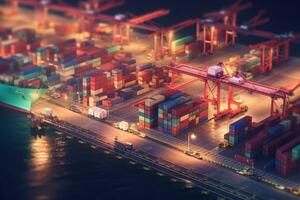 3d rendering night view of cargo ship and crane on the city background. photo