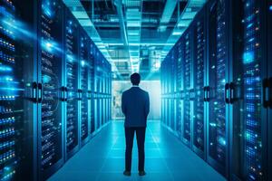 Rear view of businessman standing in server room and looking at data center photo
