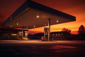 gasolina y gas estación a puesta de sol. ai generado foto