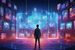 Man in front of a futuristic screen with technology elements, 3D rendering Ai Generative photo