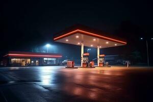 gas estación a noche. repostaje de gasolina a gas estación ai generado foto