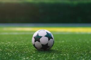 Soccer ball on the green grass. 3d illustration. Sports background. Ai Generative photo