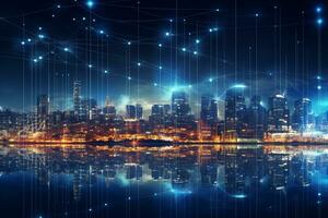 Abstract night city with lights and connection lines. 3D Rendering photo