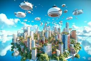 Futuristic city with flying saucers in the blue sky Ai Generated photo