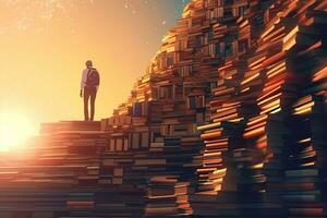 Businessman standing in front of a lot of books. 3D rendering sunset view illutration photo