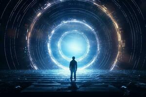 Man standing in the dark tunnel with glowing light. Futuristic concept Ai Generated photo