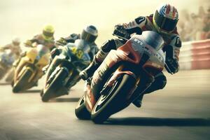 motocicleta jinete en acción en el carrera pista ai generativo foto
