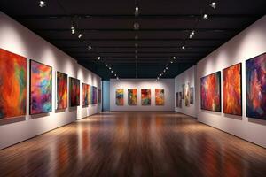 3d render of modern art gallery interior with paintings on the wall Ai Generated photo