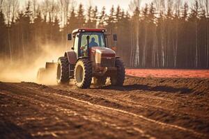 granjero en tractor preparando tierra con semillero cultivador a primavera generativo ai foto