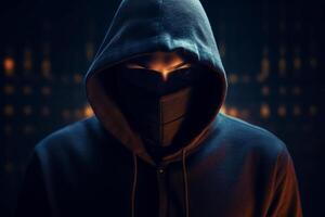 Portrait of a hacker in a black hoodie on a dark background photo