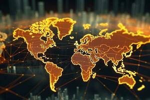 mundo mapa y brillante conexiones global negocio y comunicación concepto. 3d representación foto