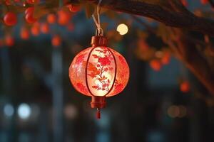 Chinese red lanterns on the background of a blossoming tree in the park photo